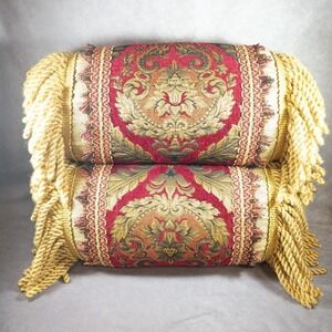 2 Croscill Imperial Empress Neck Roll Pillow Dark Red Gold Fringe Vintage